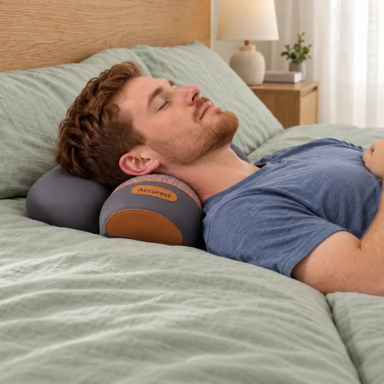 Person lying back on pillow, hand releasing from the back of their neck