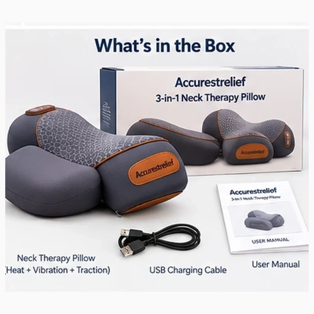 Flat-lay: pillow, USB-C cable, user guide
