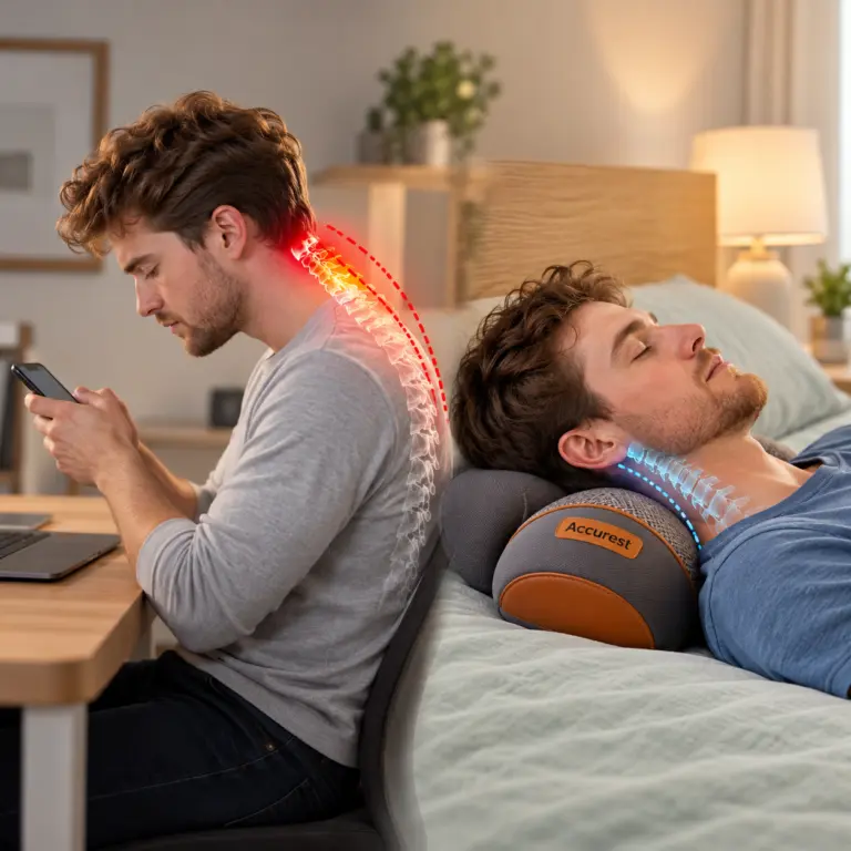 Side profile: forward head vs. neck resting in the pillow's curve