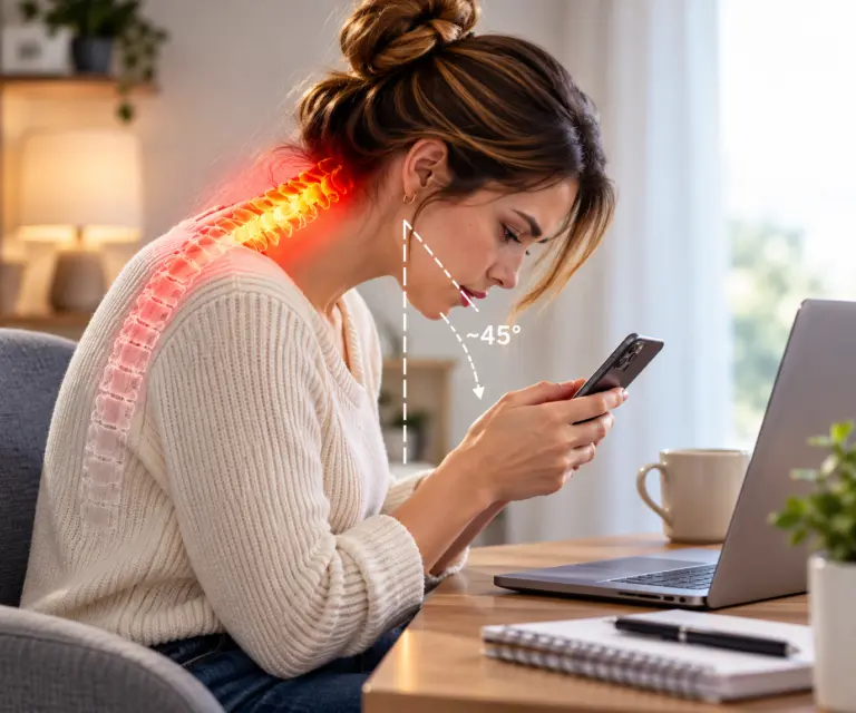 Person hunched over laptop / phone, head forward