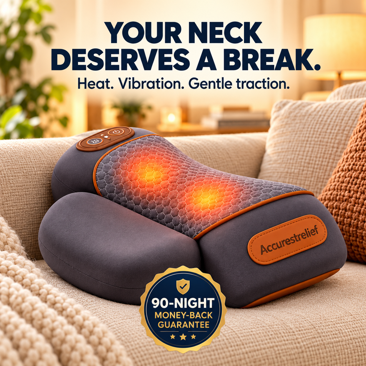 3-in-1 neck pillow: heat, vibration and gentle traction. 90-night money-back guarantee.